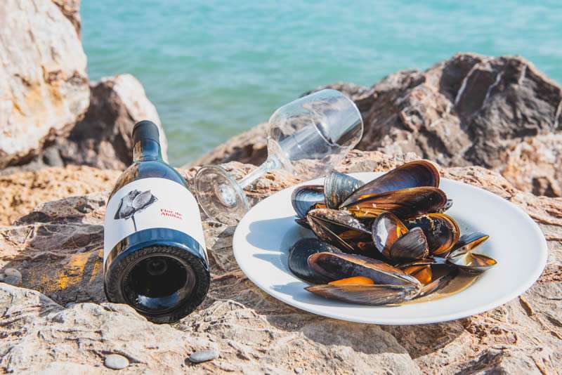 Mejillones y vino frente al mar